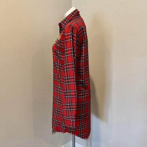 Kendall + Kylie Shirt Dress Small Red Plaid Embroidered Raw Hem Button Front - Picture 3 of 13